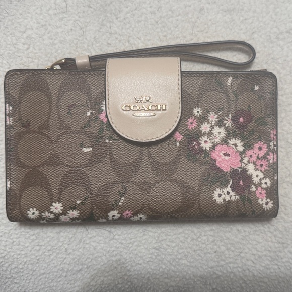 Coach Brown and Pink Floral phone/wallet Wristlet - Picture 1 of 8